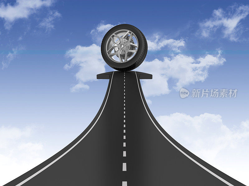 道路箭头与车轮上的天空- 3D渲染